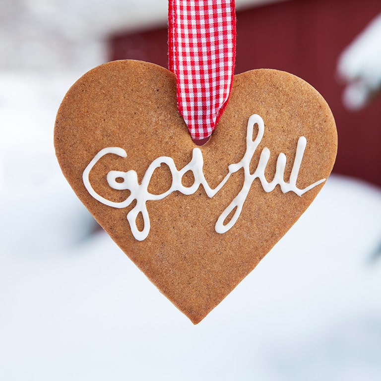 Pepparkaka med god jul i text som vit glasyr och julstämning