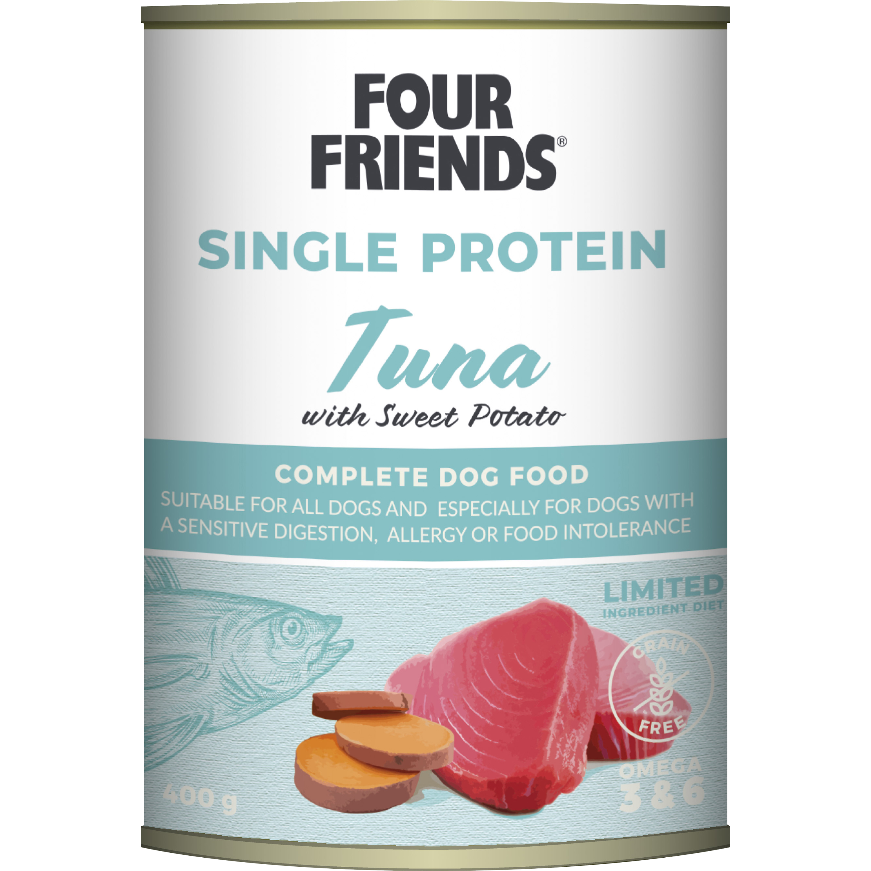 Våtfoder Four Friends Single Protein Tuna/Sweet Potato 400g