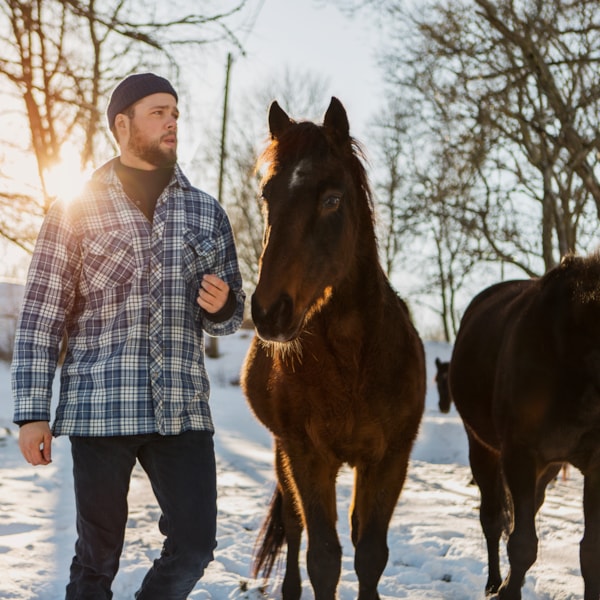 Häst och ryttare i snön. Läs om hur du hjälper hästen på vintern på granngården.se