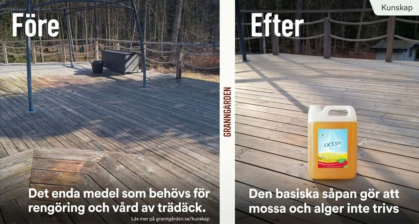 Såpa rengöring av altan, trall, trädäck - före och efter bild