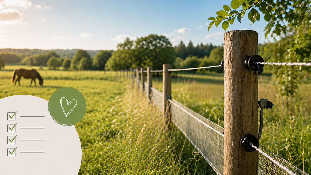 Elstängsel med trästolpar i hage med betande häst och grafisk checklista