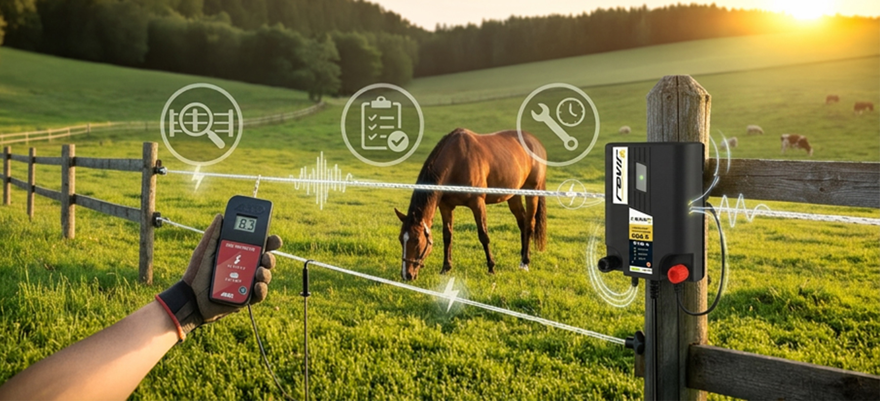 Person mäter spänning på elstängsel med stängseltestare vid hage med häst och stängselaggregat.